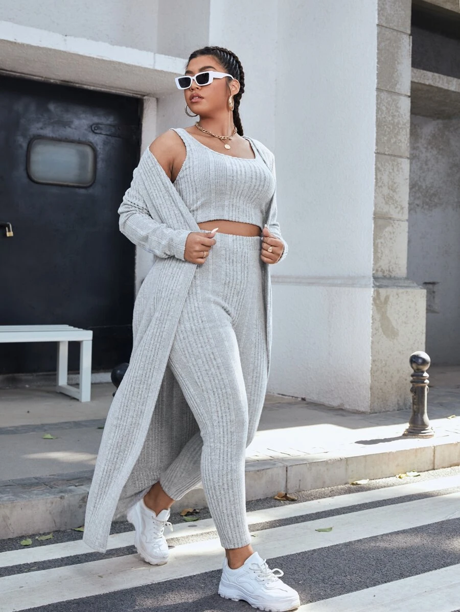 SHEIN EZwear 大碼羅紋針織無袖短上衣和開門襟外套和緊身打底褲套裝 - 淺灰色 - 查看 1