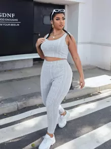 SHEIN EZwear 大碼羅紋針織無袖短上衣和開門襟外套和緊身打底褲套裝 - 淺灰色 - 查看 3