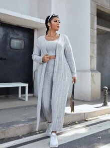 SHEIN EZwear 大碼羅紋針織無袖短上衣和開門襟外套和緊身打底褲套裝 - 淺灰色 - 查看 4