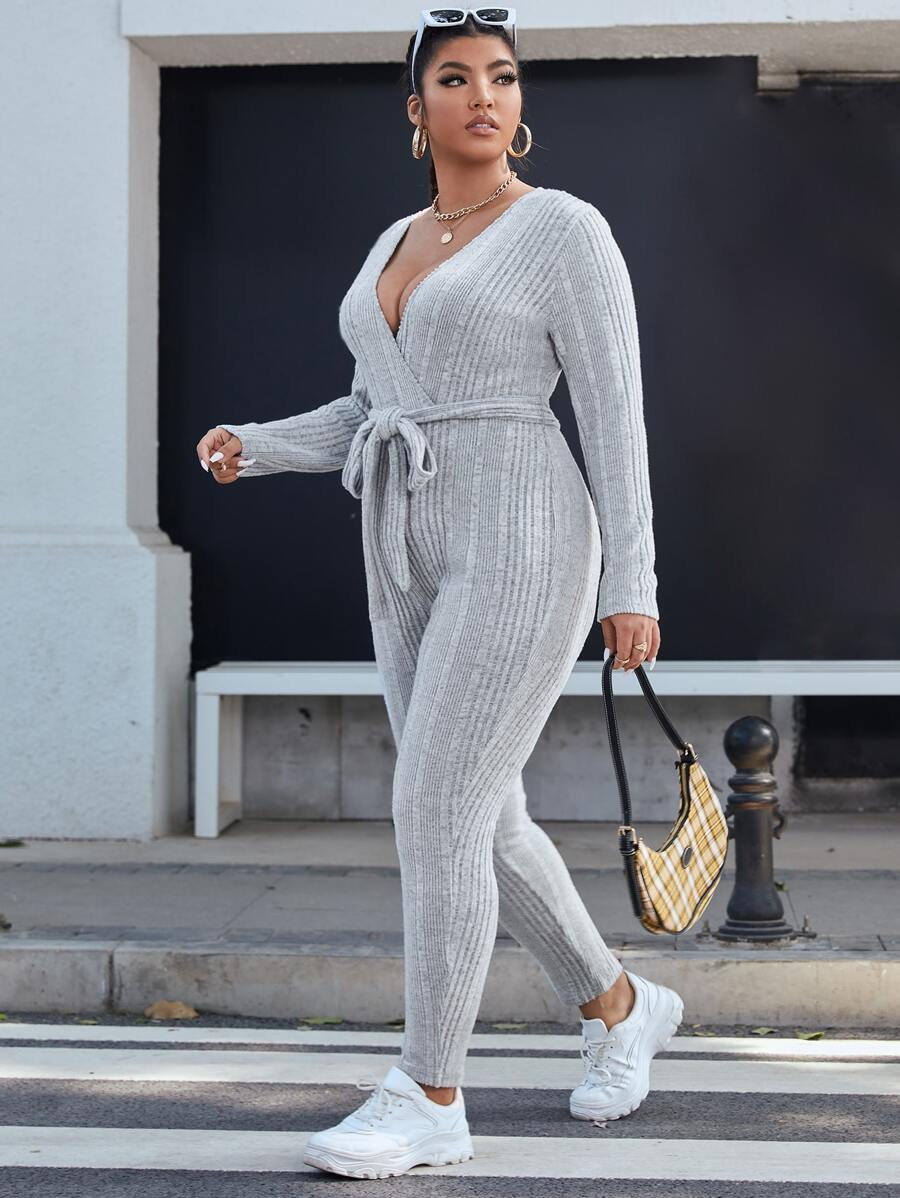 SHEIN EZwear Plus Ribbed Knit Belted Surplice Neck Jumpsuit - Light Grey - View 1