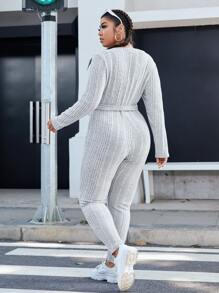 SHEIN EZwear Plus Ribbed Knit Belted Surplice Neck Jumpsuit - Light Grey - View 2