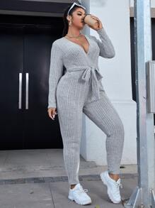 SHEIN EZwear Plus Ribbed Knit Belted Surplice Neck Jumpsuit - Light Grey - View 4