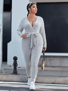 SHEIN EZwear Plus Ribbed Knit Belted Surplice Neck Jumpsuit - Light Grey - View 5