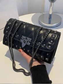 Fashionable Solid Color Street Style Chain Bag With Rivets, Suitable For Shopping And Carrying On Single/Slant Shoulder, Casual Style, Y2k Bag, 2000s Fashion Style, Gothic Punk Bag For Women - Black - View 1