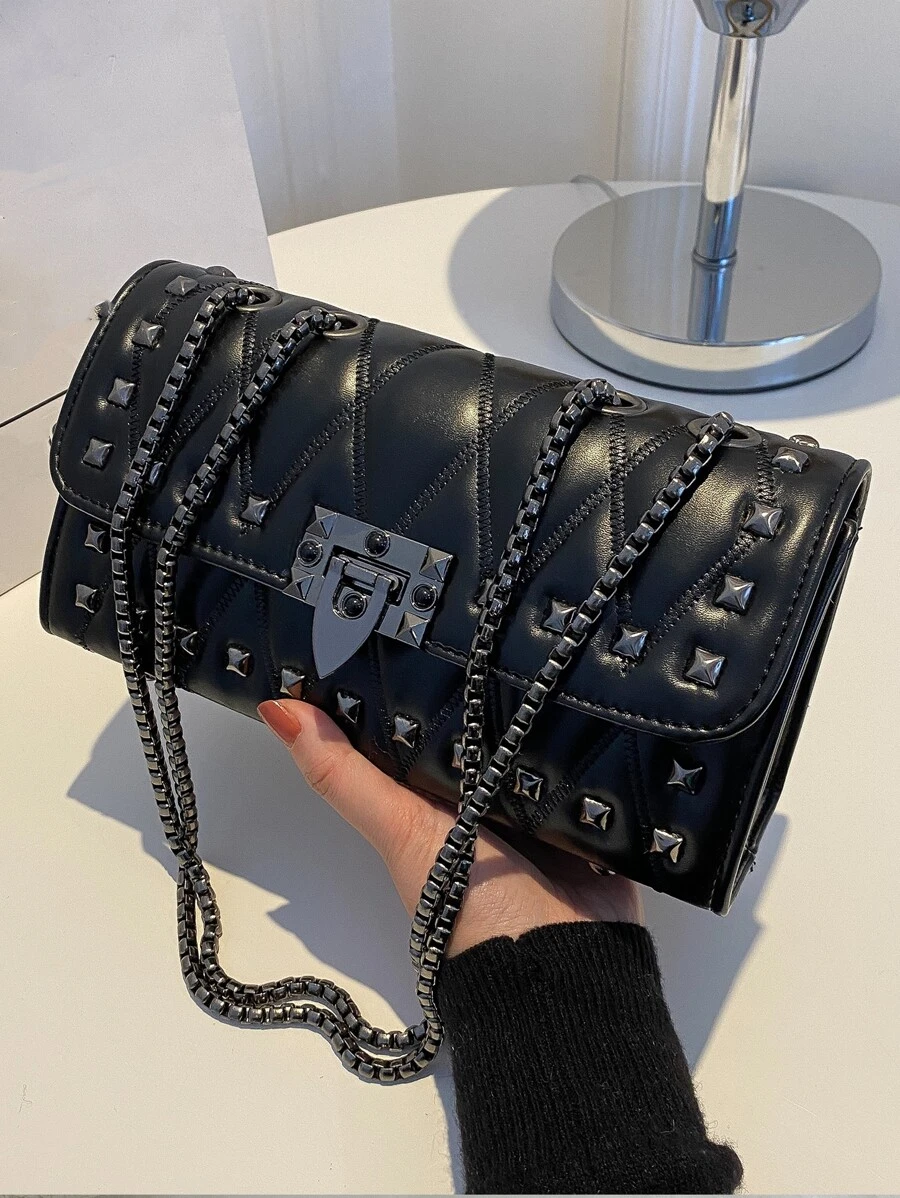 Fashionable Solid Color Street Style Chain Bag With Rivets, Suitable For Shopping And Carrying On Single/Slant Shoulder, Casual Style, Y2k Bag, 2000s Fashion Style, Gothic Punk Bag For Women - Black - View 1