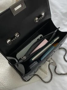 Fashionable Solid Color Street Style Chain Bag With Rivets, Suitable For Shopping And Carrying On Single/Slant Shoulder, Casual Style, Y2k Bag, 2000s Fashion Style, Gothic Punk Bag For Women - Black - View 4