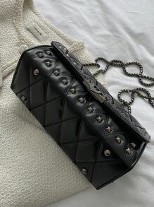Fashionable Solid Color Street Style Chain Bag With Rivets, Suitable For Shopping And Carrying On Single/Slant Shoulder, Casual Style, Y2k Bag, 2000s Fashion Style, Gothic Punk Bag For Women - Black - View 5