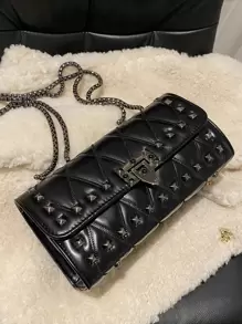 Fashionable Solid Color Street Style Chain Bag With Rivets, Suitable For Shopping And Carrying On Single/Slant Shoulder, Casual Style, Y2k Bag, 2000s Fashion Style, Gothic Punk Bag For Women - Black - View 7