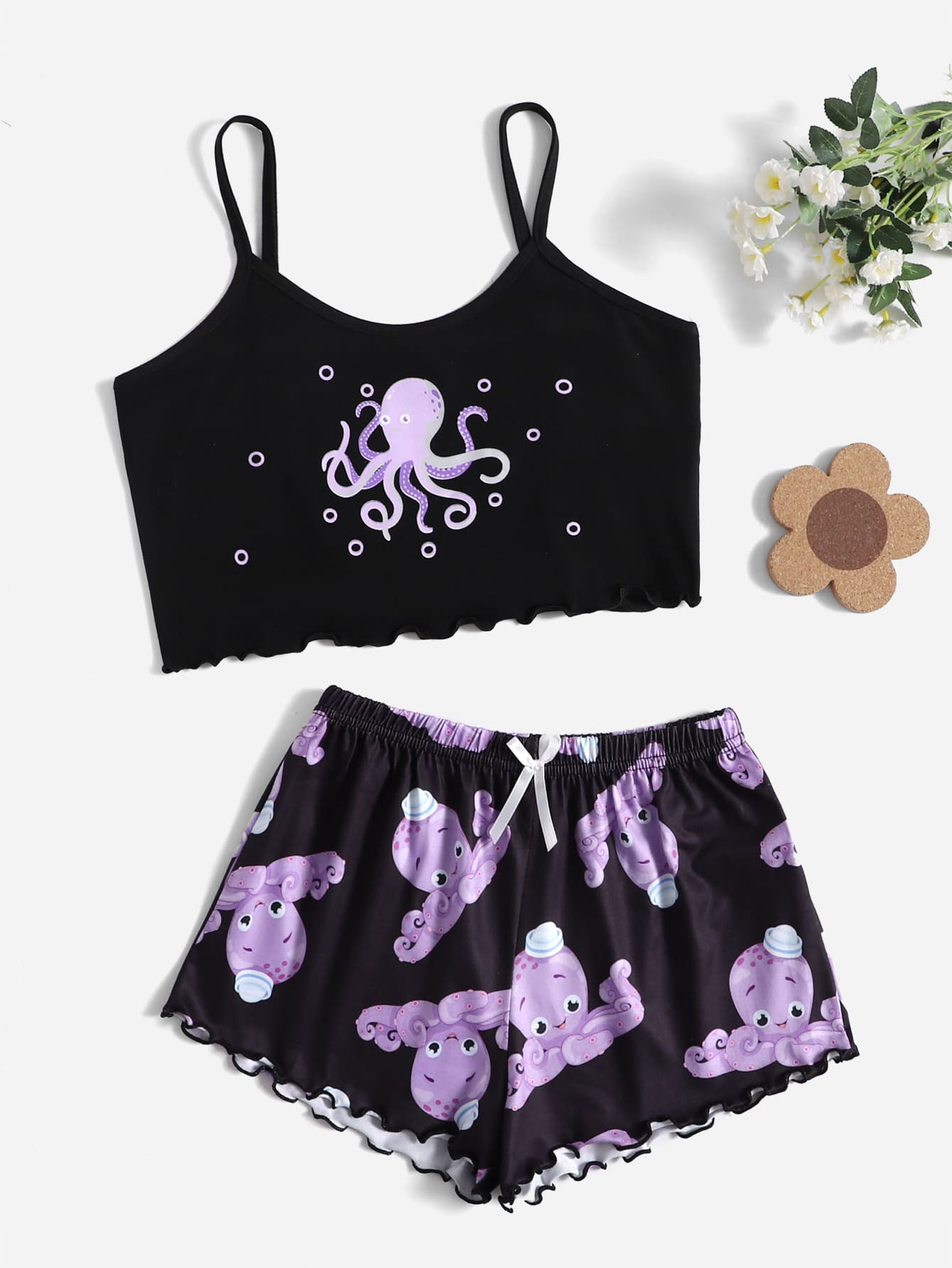 Girls Octopus Print Lettuce Trim PJ Set - Multicolor - View 1