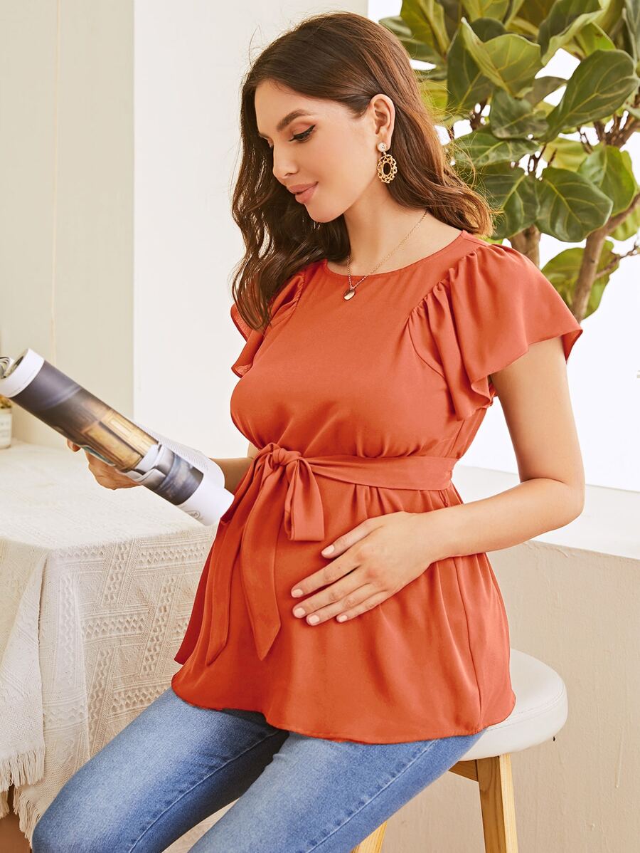 SHEIN Maternity Butterfly Sleeve Belted Top - Coral Orange - View 1