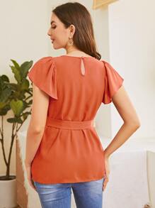 SHEIN Maternity Butterfly Sleeve Belted Top - Coral Orange - View 2
