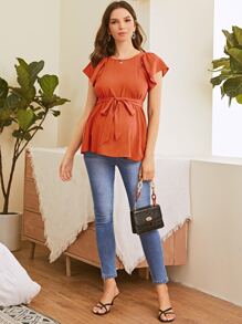SHEIN Maternity Butterfly Sleeve Belted Top - Coral Orange - View 3