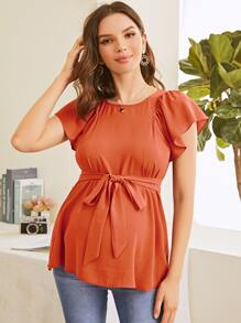 SHEIN Maternity Butterfly Sleeve Belted Top - Coral Orange - View 4