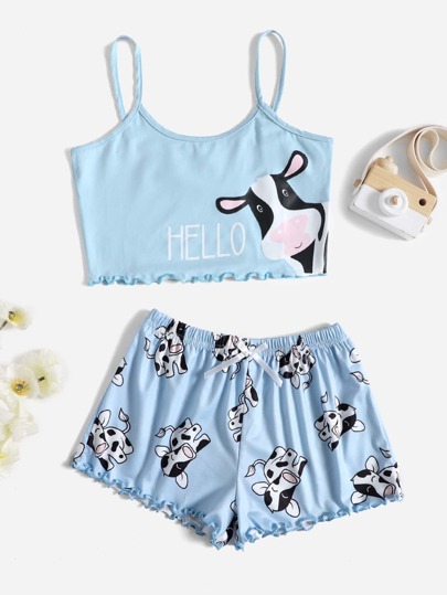 女孩牛和字母圖案木耳邊睡衣套裝