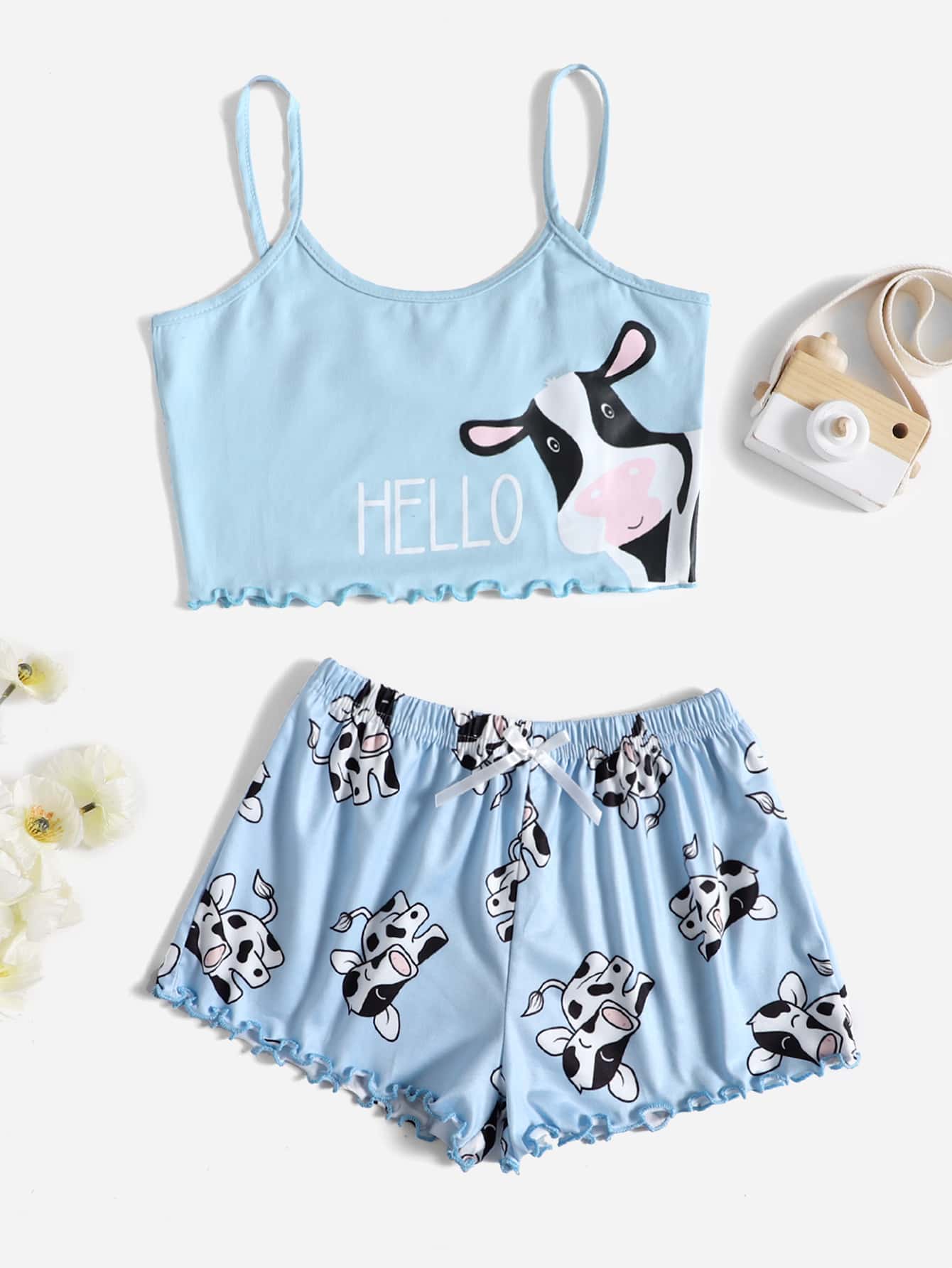 女孩牛和字母圖案木耳邊睡衣套裝