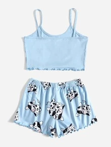 女孩牛和字母圖案木耳邊睡衣套裝