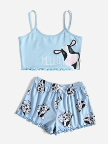 女孩牛和字母圖案木耳邊睡衣套裝