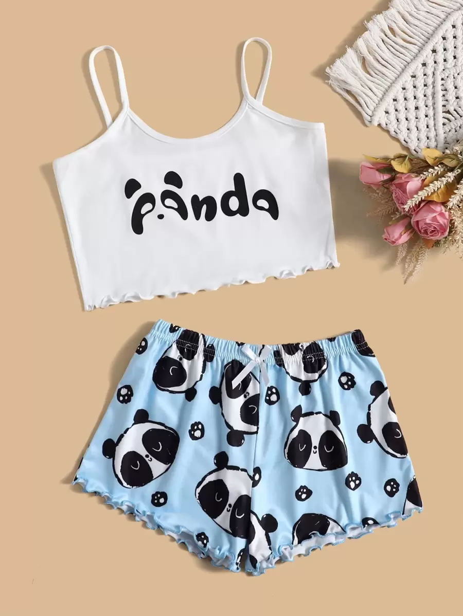 Set pigiama ragazza preadolescente con grafica panda e lettera, con bordo a lattuga