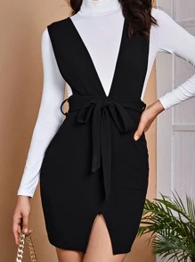 SHEIN Privé Đầm Thắt lưng màu trơn Thanh lịch - màu đen - Xem 1