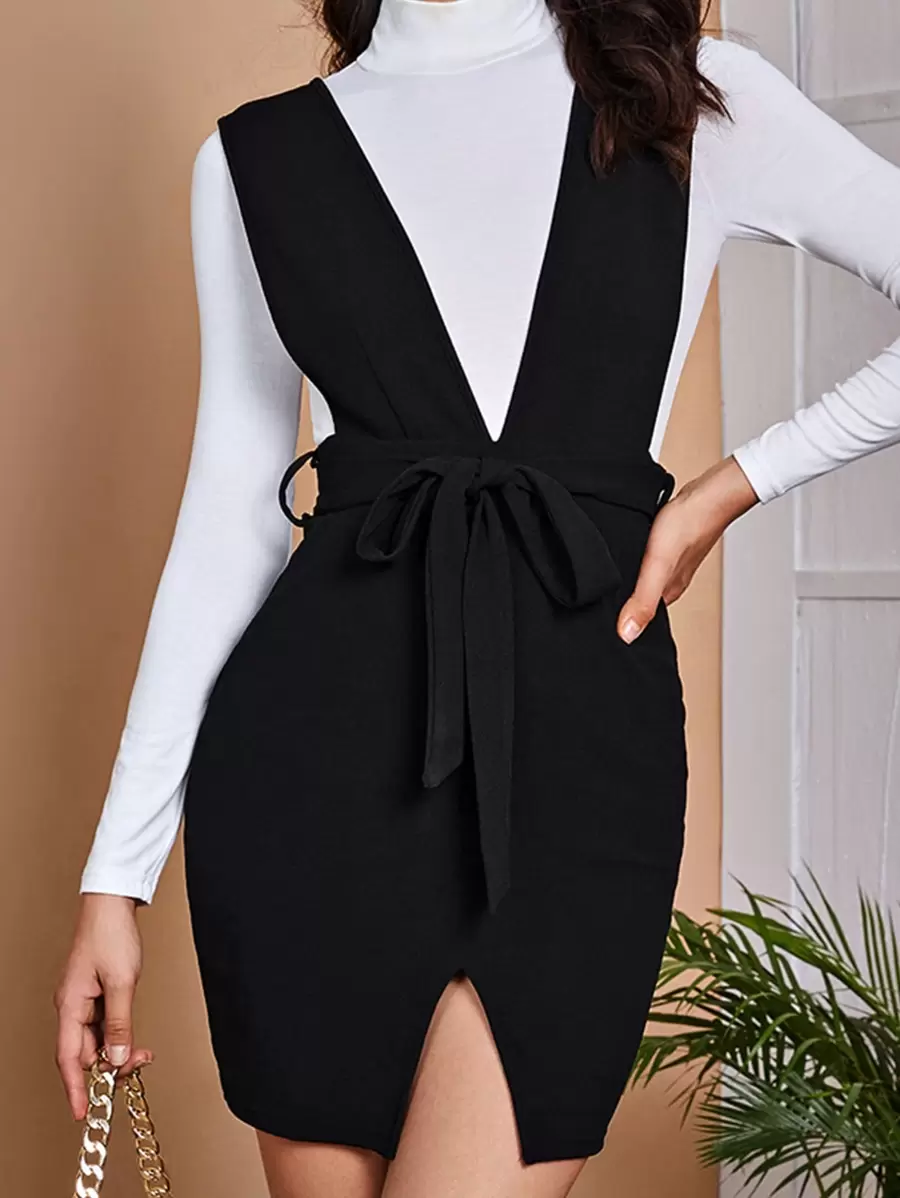 SHEIN Privé Đầm Thắt lưng màu trơn Thanh lịch - màu đen - Xem 1