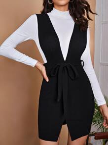 SHEIN Privé Đầm Thắt lưng màu trơn Thanh lịch - màu đen - Xem 4