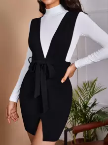 SHEIN Privé Đầm Thắt lưng màu trơn Thanh lịch - màu đen - Xem 5