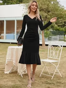 Rynkad Krås Hem Dragkedja Slätt Glamourös Klänning - Svart - Visa 1