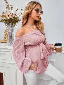 SHEIN 孕婦圓點繞頸腰帶襯衫 - 藕粉色 - 查看 1