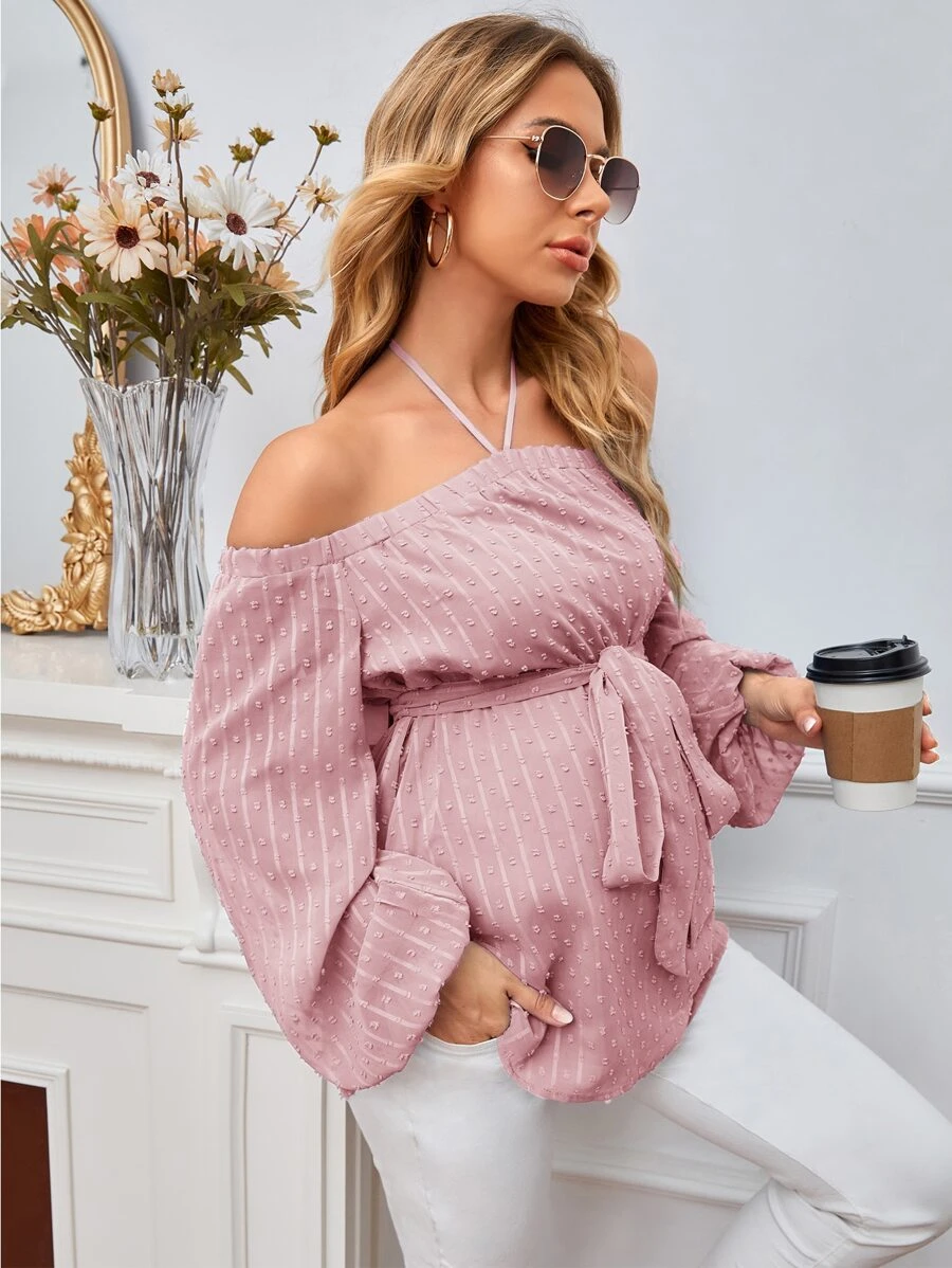 SHEIN 孕婦圓點繞頸腰帶襯衫 - 藕粉色 - 查看 1
