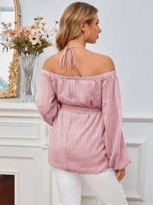 SHEIN 孕婦圓點繞頸腰帶襯衫 - 藕粉色 - 查看 2