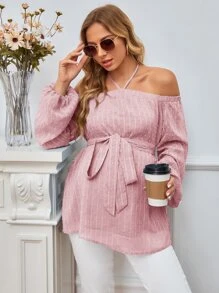 SHEIN 孕婦圓點繞頸腰帶襯衫 - 藕粉色 - 查看 3