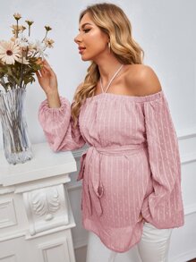 SHEIN 孕婦圓點繞頸腰帶襯衫 - 藕粉色 - 查看 4