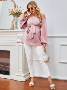 SHEIN 孕婦圓點繞頸腰帶襯衫 - 藕粉色 - 查看 5