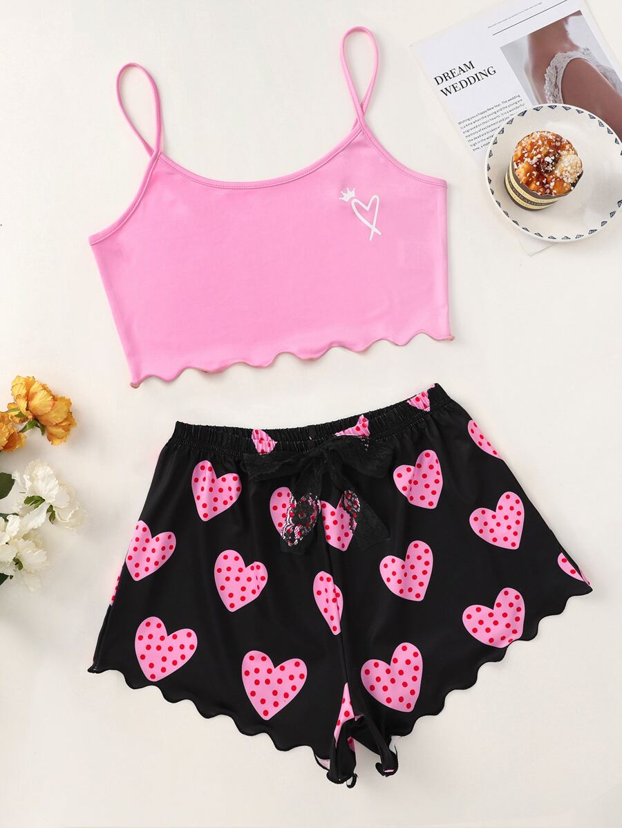 Heart Print Lettuce Trim Crop Cami Top & Shorts PJ Set - Multicolor - View 1