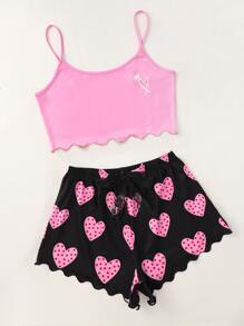Heart Print Lettuce Trim Crop Cami Top & Shorts PJ Set - Multicolor - View 5