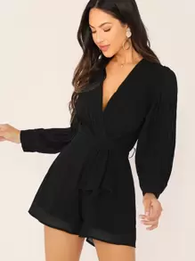 SHEIN Clasi Plunging Neck Pleated Lantern Sleeve Self Belted Romper - Black - View 1