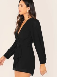 SHEIN Clasi Plunging Neck Pleated Lantern Sleeve Self Belted Romper - Black - View 3