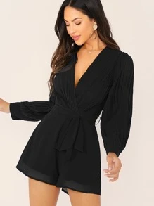 SHEIN Clasi Plunging Neck Pleated Lantern Sleeve Self Belted Romper - Black - View 6