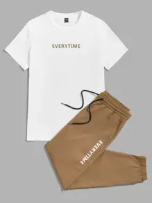 Manfinity VCAY Men Cotton Letter Graphic Tee & Drawstring Waist Trousers Set - Multicolor - View 1