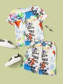 SHEIN Boys Letter & Splash Print Tee And Track Shorts Set - Multicolor - View 1