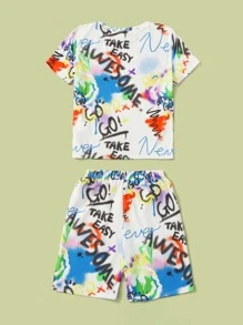 SHEIN Boys Letter & Splash Print Tee And Track Shorts Set - Multicolor - View 2