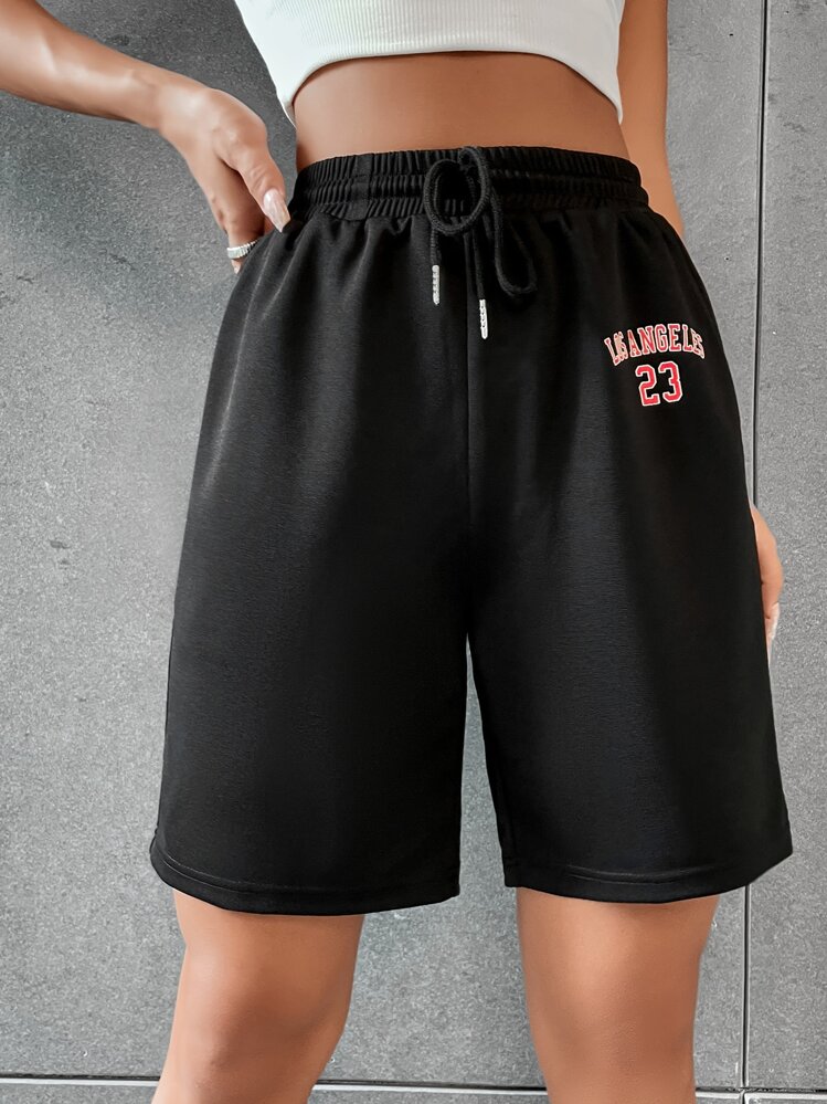 SHEIN MOOSTA Letter Graphic Drawstring Waist Shorts - Black - View 1