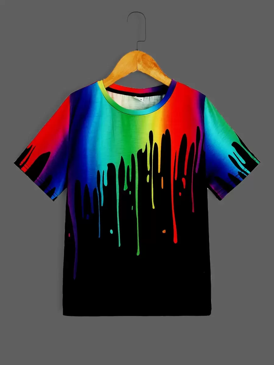 SHEIN Áo thun tay ngắn họa tiết neon gradient Splash-Ink cho bé trai tuổi mới lớn, mặc thường ngày vào mùa hè - Nhiều màu - Xem 1