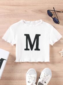 SHEIN 女孩字母圖案木耳邊T恤