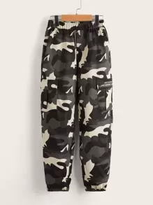 SHEIN 青少年男孩標語圖形拉鍊口袋迷彩戰術褲