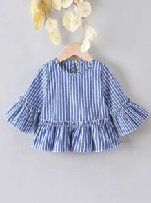 小女童豎條紋荷葉袖荷葉邊下擺襯衫 - 藍色 - 查看 1