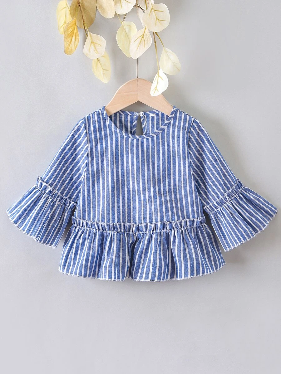 小女童豎條紋荷葉袖荷葉邊下擺襯衫 - 藍色 - 查看 1