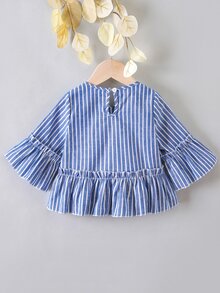 小女童豎條紋荷葉袖荷葉邊下擺襯衫 - 藍色 - 查看 2
