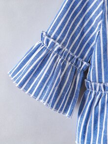 小女童豎條紋荷葉袖荷葉邊下擺襯衫 - 藍色 - 查看 3