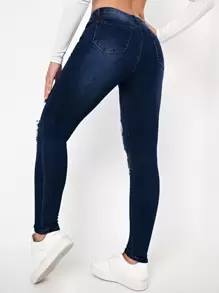 SHEIN Essnce Cut Out Ripped Frayed Skinny Jeans Ripped Jeans - Dark Wash - View 2